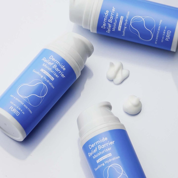 Purito Dermide Relief Barrier Moisturizer 100 ml beroligende ansiktskrem med hvit kremet tekstur