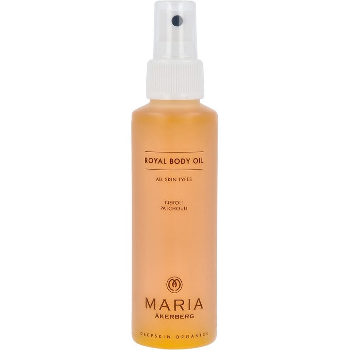 Maria Åkerberg Royal Body Oil 125 ml pleiende kroppsolje med neroli i en oransje sprayflaske med hvit pumpe