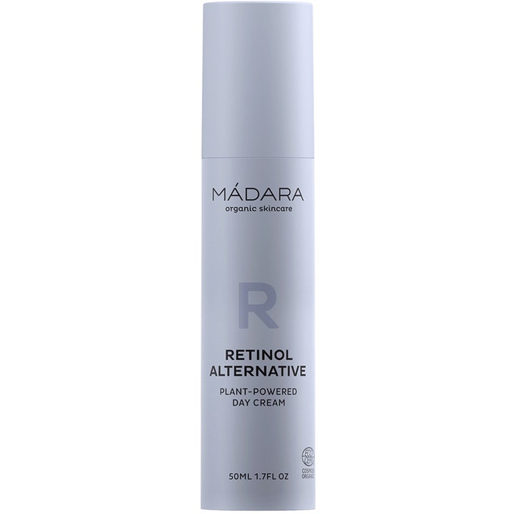 Mádara Retinol Alternative Day Cream 50ml utjevnende ansiktskrem i en stilren lilla-grå sylindrisk flaske.