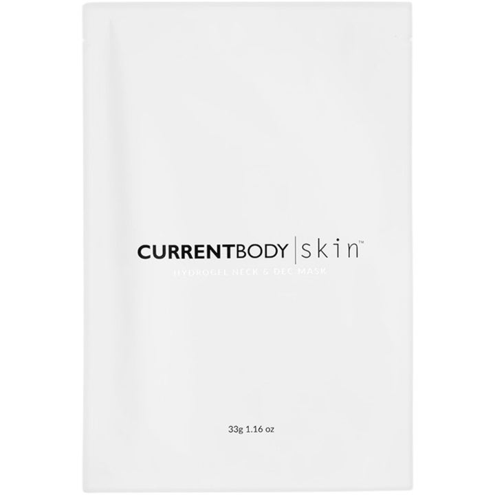 CurrentBody Skin Hydrogel Neck & Dec Mask 33g fuktighetsgivende maske i hvit sachet med minimalistisk design