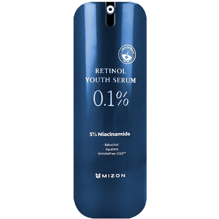 Mizon Retinol Youth Serum 0.1% fornyende ansiktsserum i blå pumpeflaske med niacinamid og bakuchiol som gir glattere hud