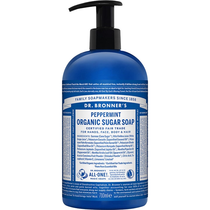 Dr. Bronner's Peppermint Organic Sugar Soap 710 ml forfriskende såpe i blå plastflaske med sort pumpe.