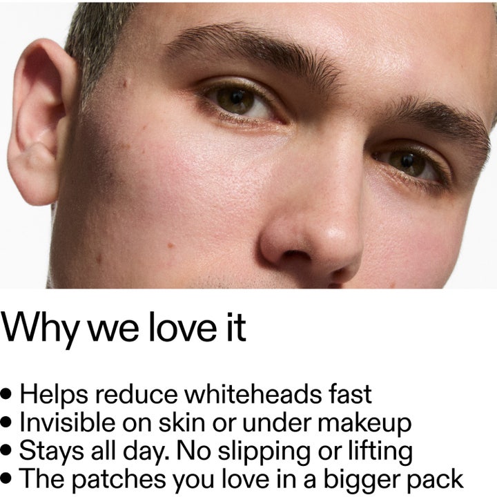 The INKEY List Hydrocolloid Invisible Pimple Patches 22 stk mot kviser på en manns ansikt med infotekst