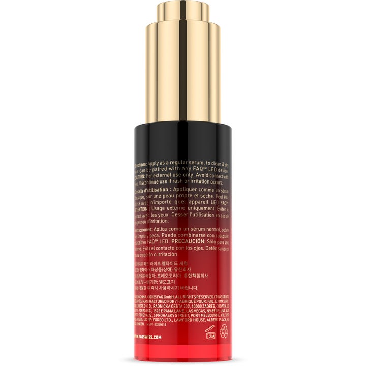 FAQ Swiss FAQ™ Red Light Peptide Serum 30 ml antialdringsserum baksiden av rød sylindrisk flaske med gullpumpe og tekst