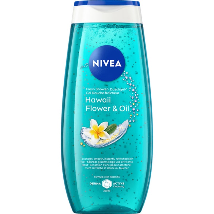 Nivea Hawaii Flower & Oil 250 ml dusjsåpe i turkis flaske med hvit blomst og pleiende oljeperler