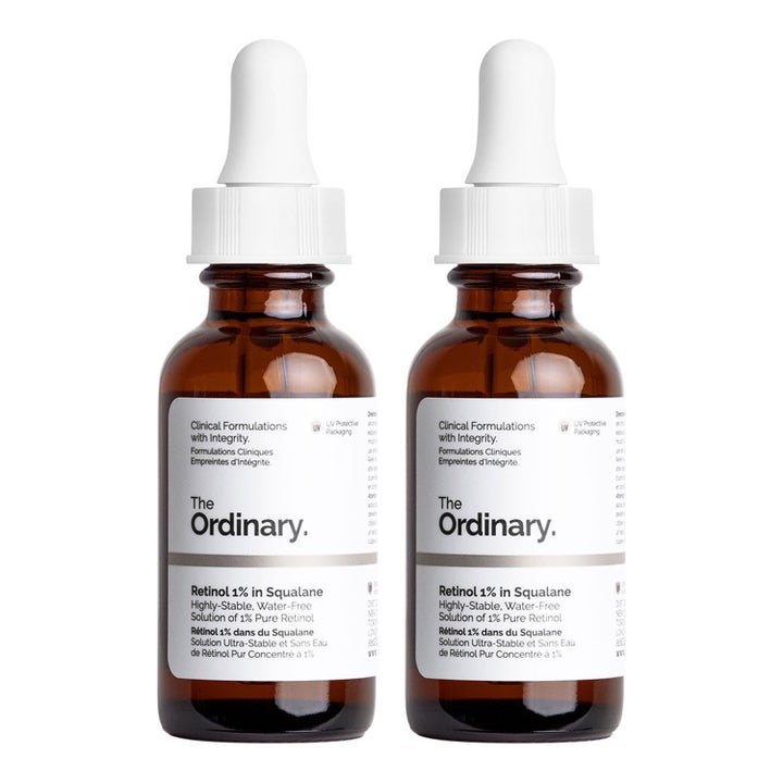 The Ordinary Retinol 1% in Squalane 2x30ml ansiktsserum mot aldringstegn i to brune glassflasker med hvit pipette