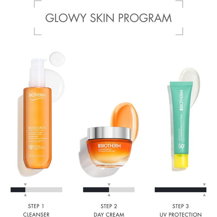 Biotherm Aquasource Vitamin Glow 50 ml fuktighetsgivende ansiktskrem i oransje glasskrukke med sølvlokk som gir glød