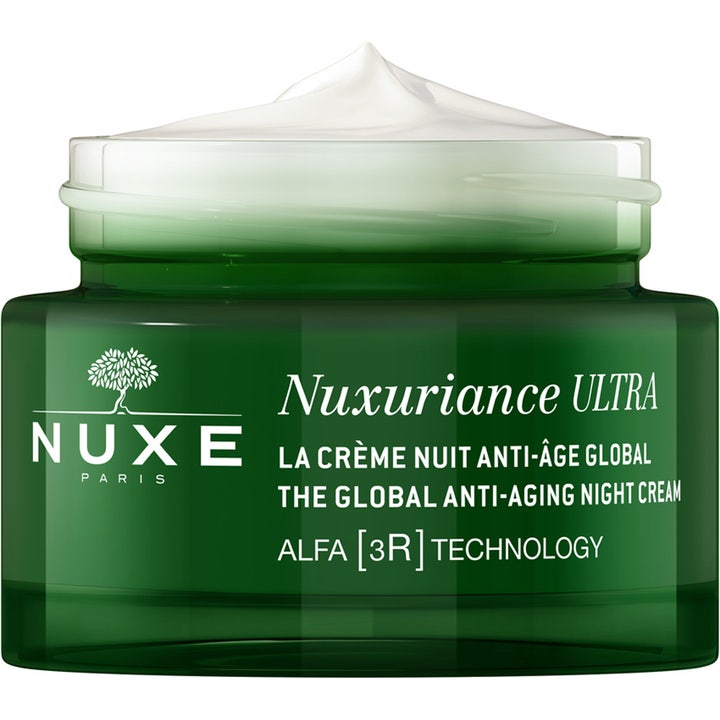Nuxe Nuxuriance Gold Night Balm 50 ml anti-aging nattkrem i grønn krukke med hvit kremtekstur.