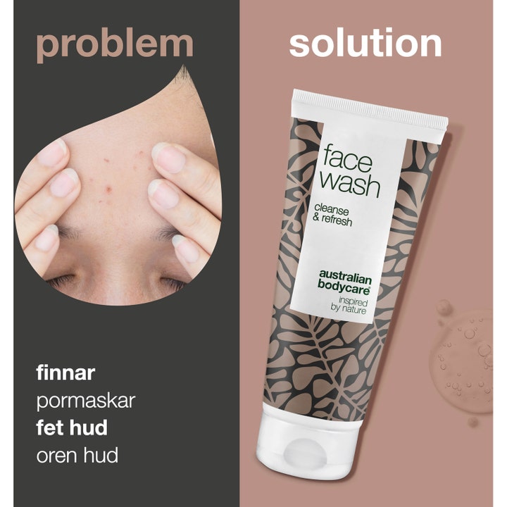 Australian Bodycare Face Wash 100 ml ansiktsrens mot kviser og uren hud vist som løsning på hudproblemer i pannen