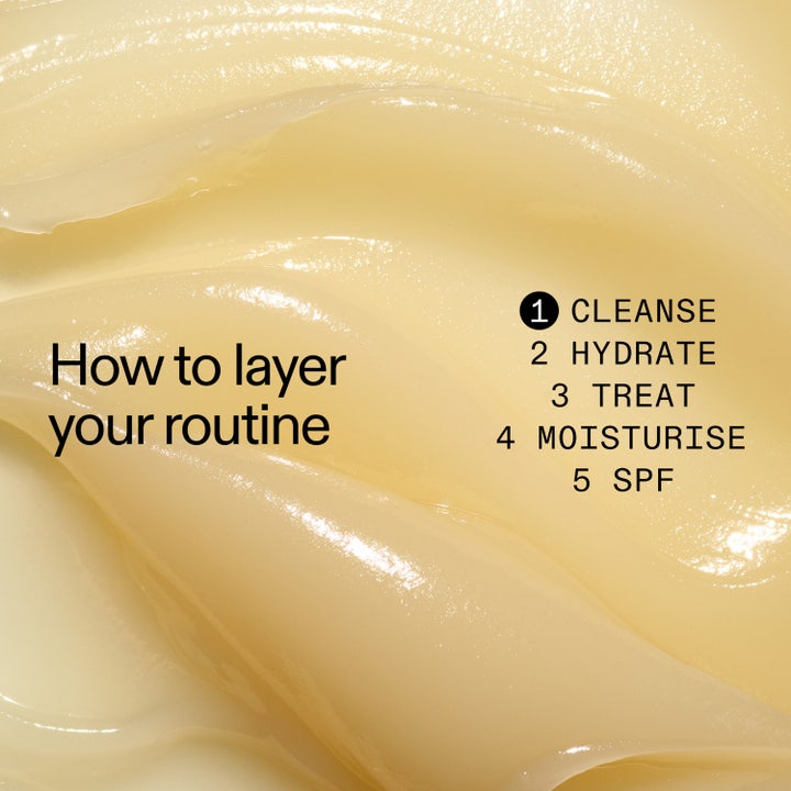 The INKEY List Oat Cleansing Balm 50 ml ansiktsrens viser en kremet tekstur og rutineguide med trinn 1 Cleanse.