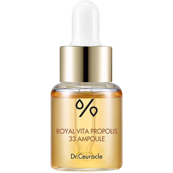 Dr.Ceuracle Royal Vita Propolis 33 Ampoule gir glød i glassflaske med gyllen væske og hvit pipette