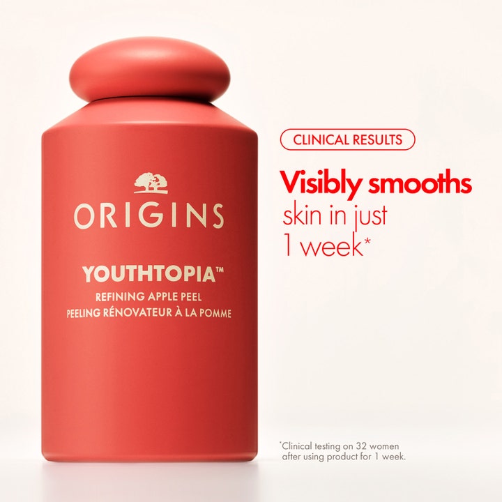 Origins Youthtopia Refining Apple Peel 100 ml i rød krukke som glatter ut huden synlig på en uke
