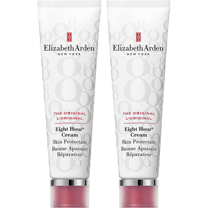 Elizabeth Arden Eight Hour Cream Duo universalkrem som gir pleie i to hvite tuber med grått mønster og rød logo