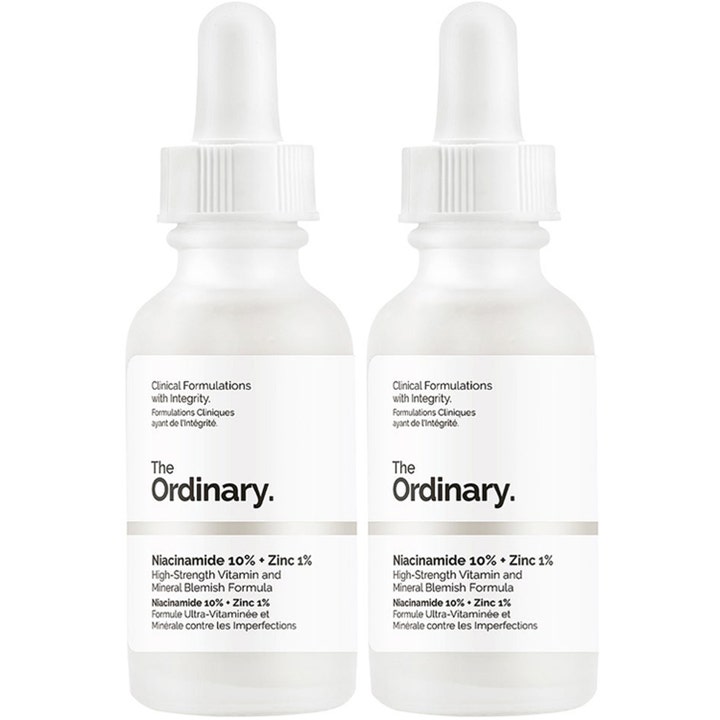 The Ordinary Niacinamide 10% + Zinc 1% duo ansiktsserum mot urenheter i to frostede glassflasker med pipetter