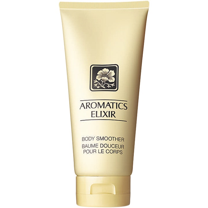 Clinique Aromatics Elixir Body Smoother mykgjørende kroppskrem i en lys gul tube med elegant sort blomstermotiv.