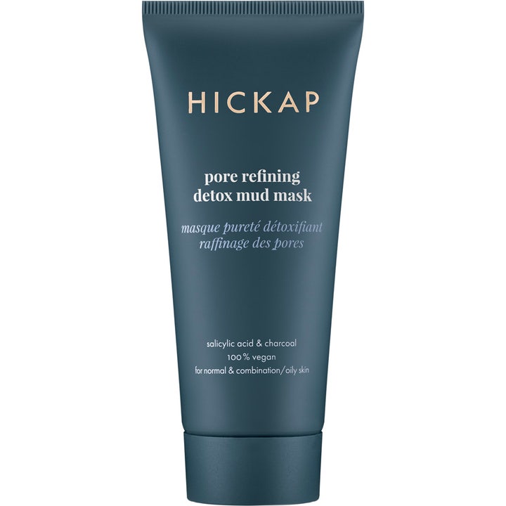 Hickap Pore Refining Detox Mud Mask rensende ansiktsmaske med kull i en matt mørk blågrønn tube