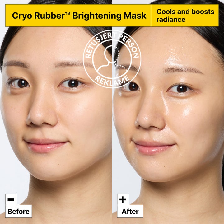 Dr.Jart+ Cryo Rubber Brightening Mask 36 g ansiktsmaske viser før og etter resultater med merkbart mer glødende hud