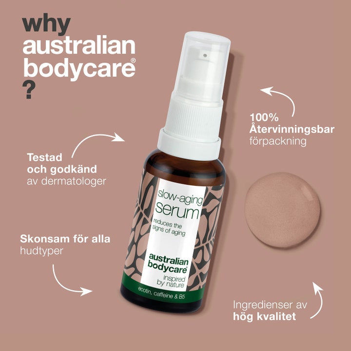 Australian Bodycare Slow Anti-Age Serum 30 ml hudpleie med koffein og B5 i brun glassflaske med pumpe