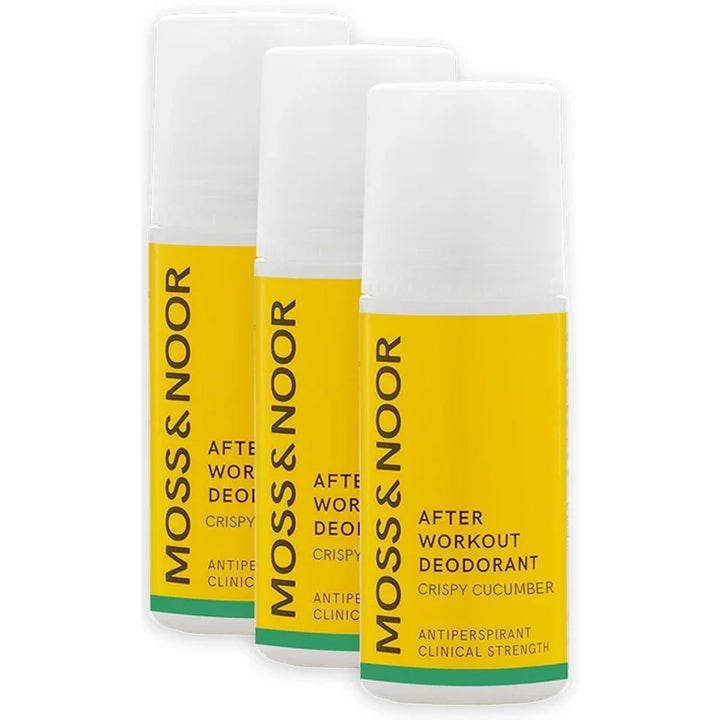 Moss & Noor After Workout Deodorant Crispy Cucumber 3-pakning antiperspirant i hvite flasker med knallgul etikett