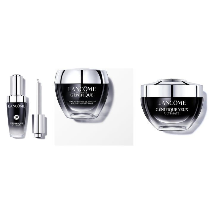 Lancôme Génifique hudpleiesett for ansikt og øyne i sorte glasskrukker og flaske med sølvdetaljer.