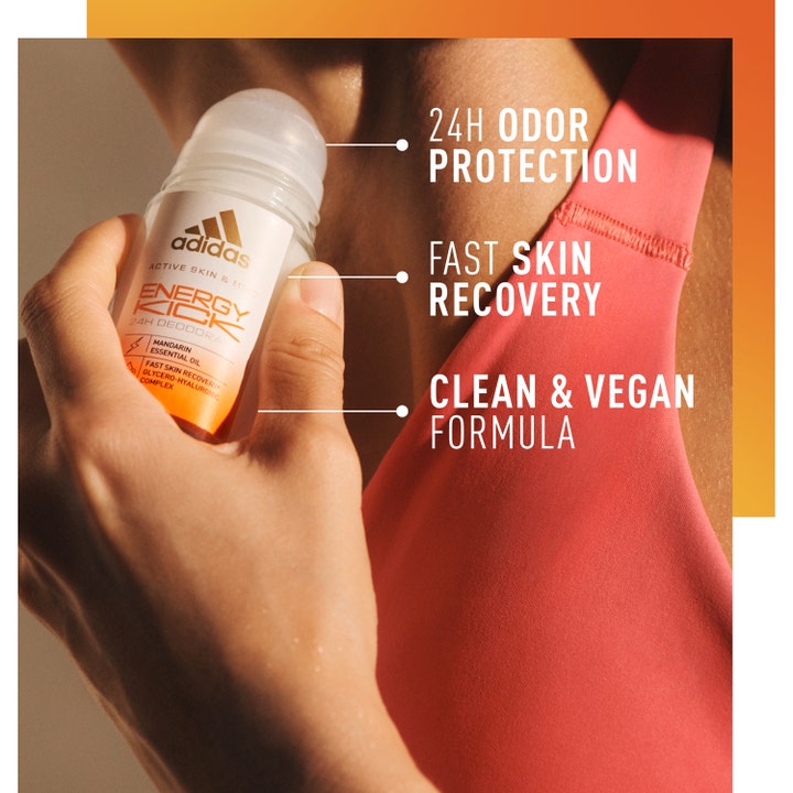 Adidas Skin & Mind Energy Kick 50 ml roll-on deodorant påføres huden og gir 24 timers beskyttelse.