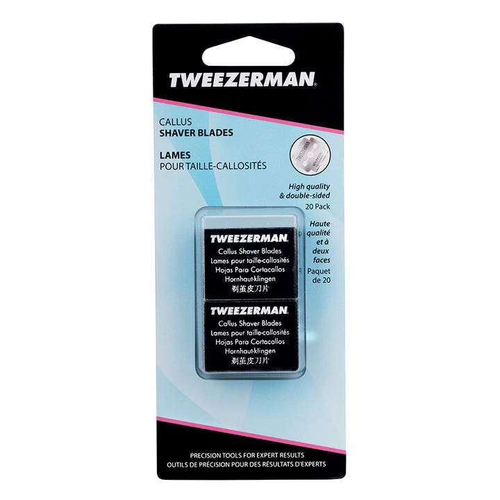 Tweezerman Callus Shaver Blades 20 stk fotpleie fjerner hard hud med dobbeltsidige blader i blå og sort pakning.