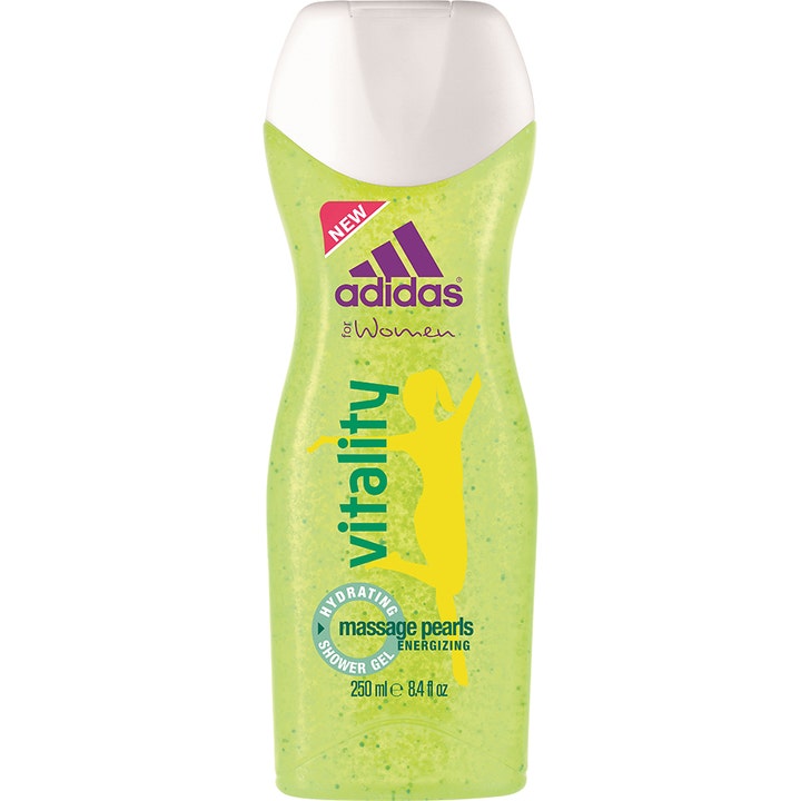 Adidas Women Vitality 250 ml energigivende dusjgelé i grønn plastflaske med hvitt lokk og synlige massasjeperler