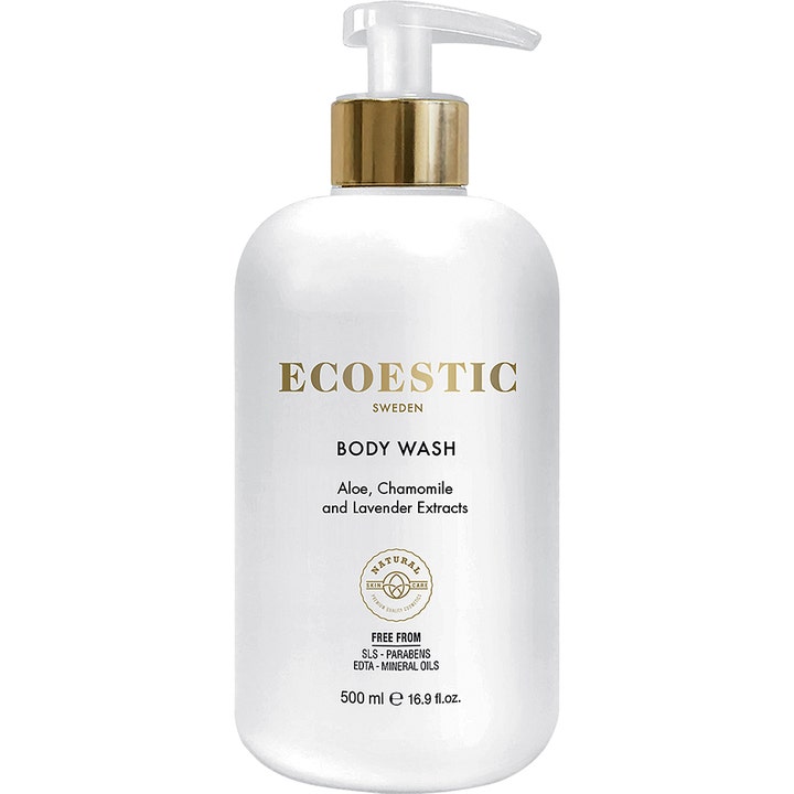 Ecoestic Body Wash 500 ml beroligende dusjsåpe med aloe vera og lavendel i hvit plastflaske med gullfarget pumpe