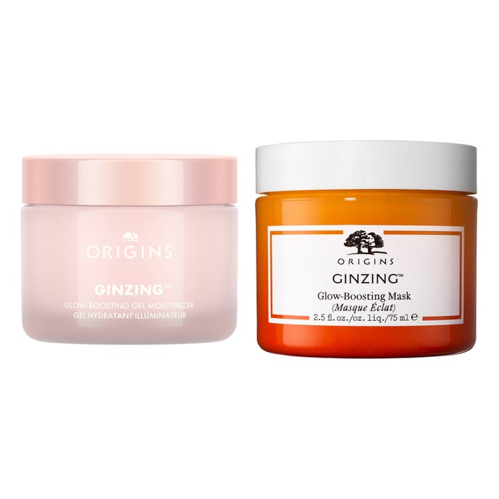 Origins GinZing Glow-Boosting Gel Moisturizer og Mask 75 ml glødgivende sett med rosa og oransje krukker