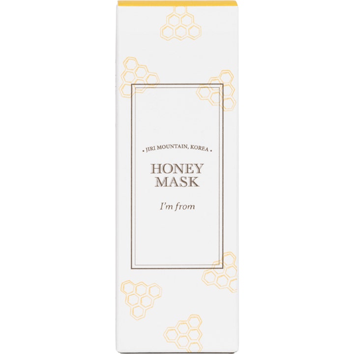 I'm From Honey Mask ansiktsmaske i hvit pappeske med gule bikubemønstre som gir fuktighet og glød.