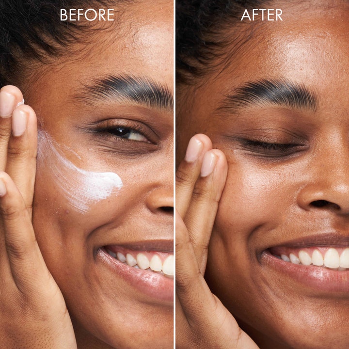 Origins Ginzing SPF30 Daily Moisturizer 50 ml solkrem ansikt før og etter som viser hvit krem og glødende hud