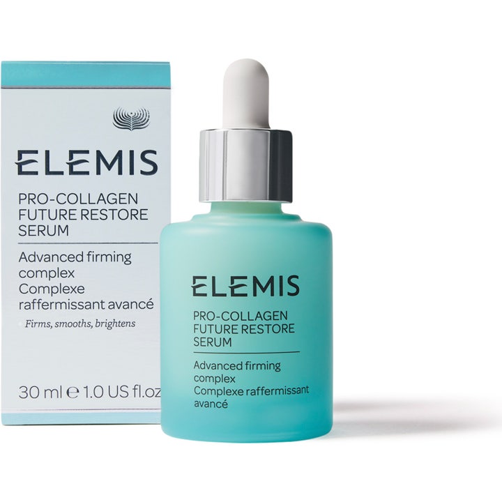 Elemis Pro-Collagen Future Restore Serum 30 ml oppstrammende serum i lyseblå frostet glassflaske med sølvpipette