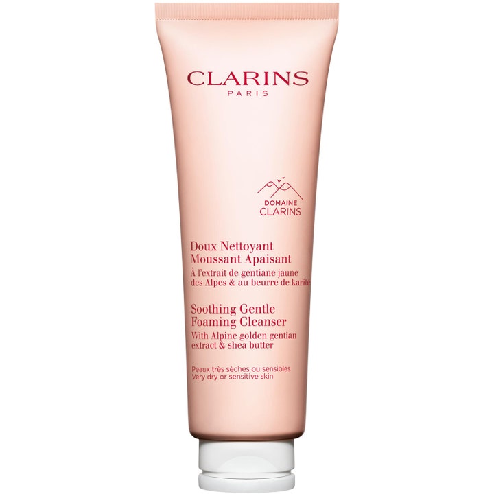 Clarins Soothing Gentle Foaming Cleanser beroligende skummende rens for tørr hud i en lys ferskenfarget tube
