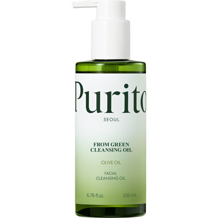 Purito From Green Cleansing Oil 200 ml fuktgivende ansiktsrens i grønn transparent flaske med praktisk hvit pumpe.