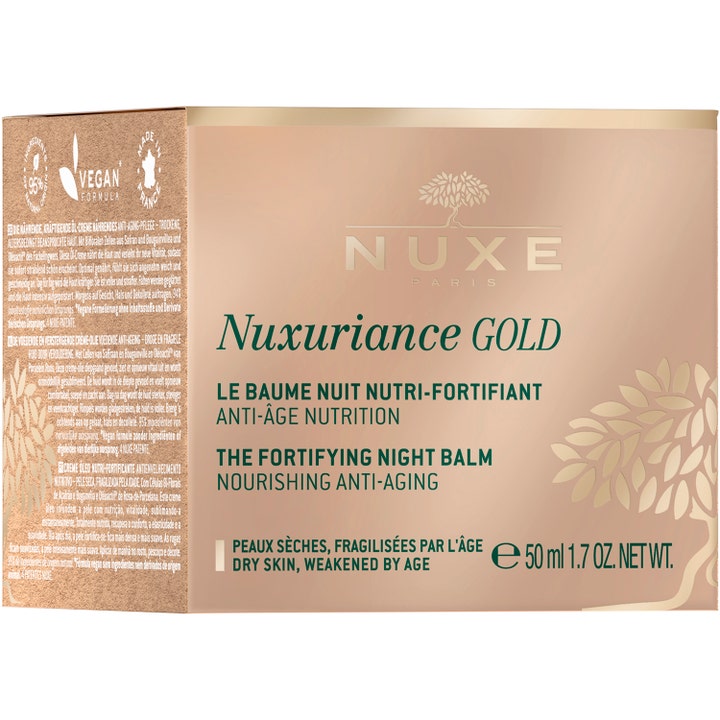 Nuxe Nuxuriance Gold Night Balm 50 ml nærende nattkrem i gullfarget eske merket Vegan Formula for tørr hud.