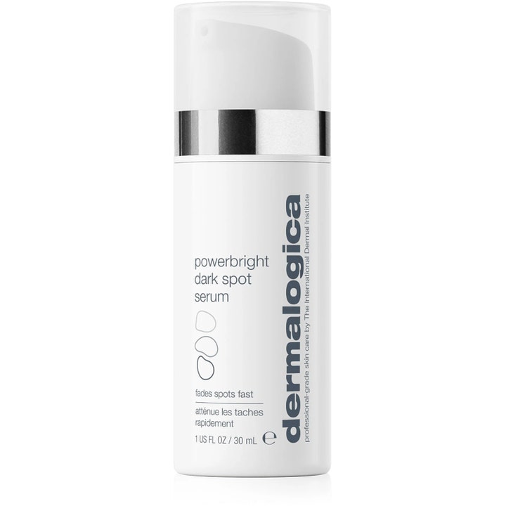 Dermalogica Powerbright Dark Spot Serum 30 ml mot pigmentflekker i hvit pumpeflaske med sølvbånd og gjennomsiktig kork