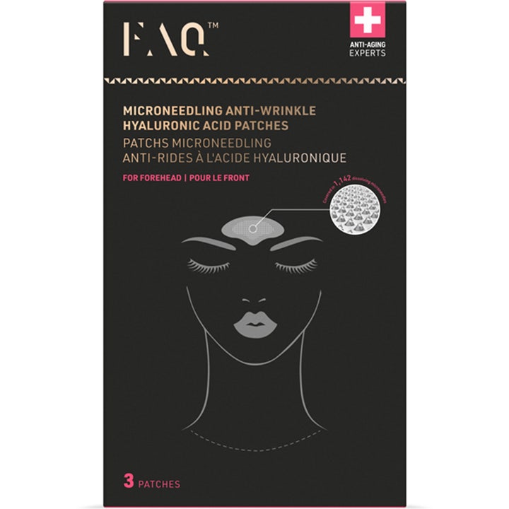 FAQ Swiss Microneedling Hyaluronic Acid Patches 3 stk rynkebehandling for panne i sort eske med ansiktsillustrasjon