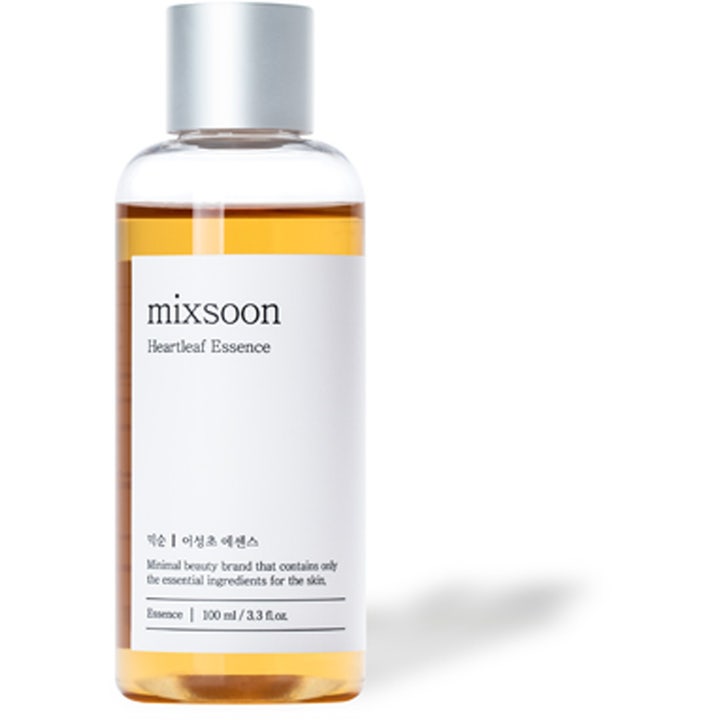 Mixsoon Heartleaf Essence 100 ml beroligende k-beauty essens i gjennomsiktig flaske med ravfarget væske og sølvkork
