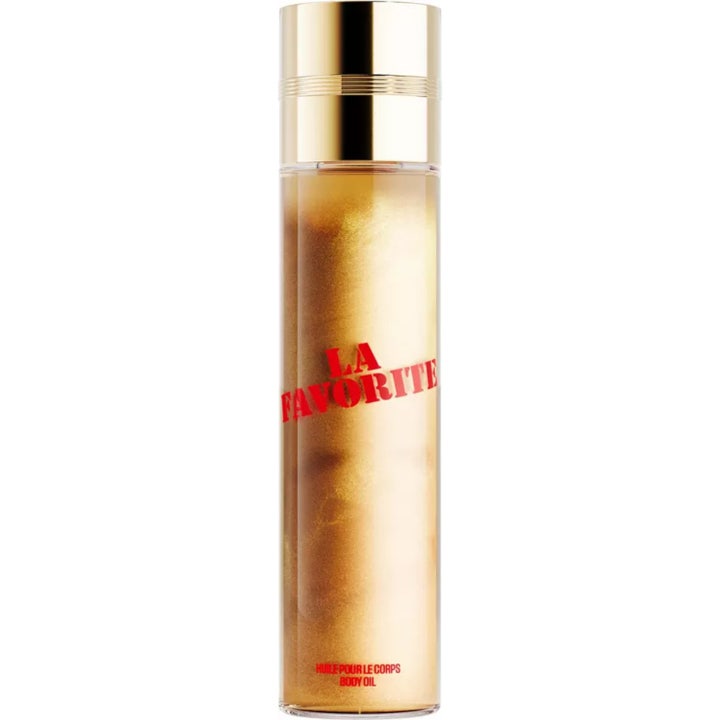 Jean Paul Gaultier La Favorite 150 ml glitrende kroppsolje i slank flaske med gullkork og rød tekst