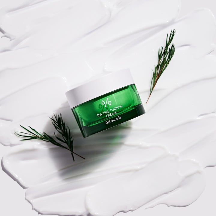 Dr. Ceuracle Tea Tree Purifine Cream 50 g beroligende ansiktskrem i grønn krukke over hvit kremtekstur