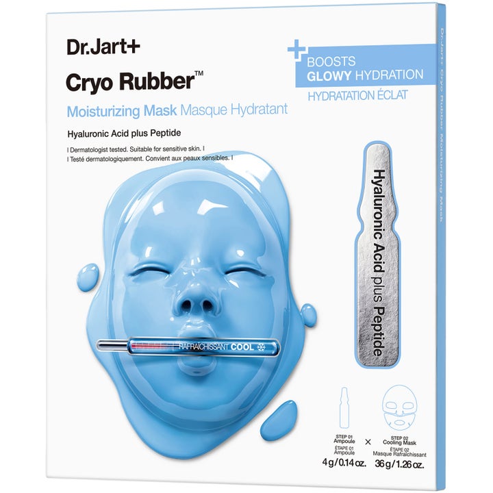 Dr.Jart+ Cryo Rubber Moisturizing Mask 4g og 36g fuktighetsgivende maske i hvit eske med en blå gummimaske og termometer.
