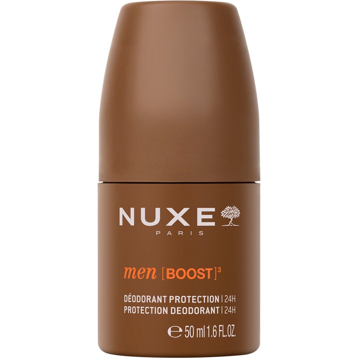 Nuxe Men Boost³ 50 ml beskyttende deodorant gir 24 timers beskyttelse i en matt brun rulleflaske.