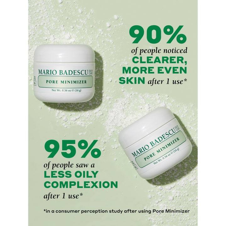 Mario Badescu Pore Minimizer 16 g ansiktsmaske i hvit krukke med tekst om 90% klarere hud og hvitt pulver på grønn bunn.