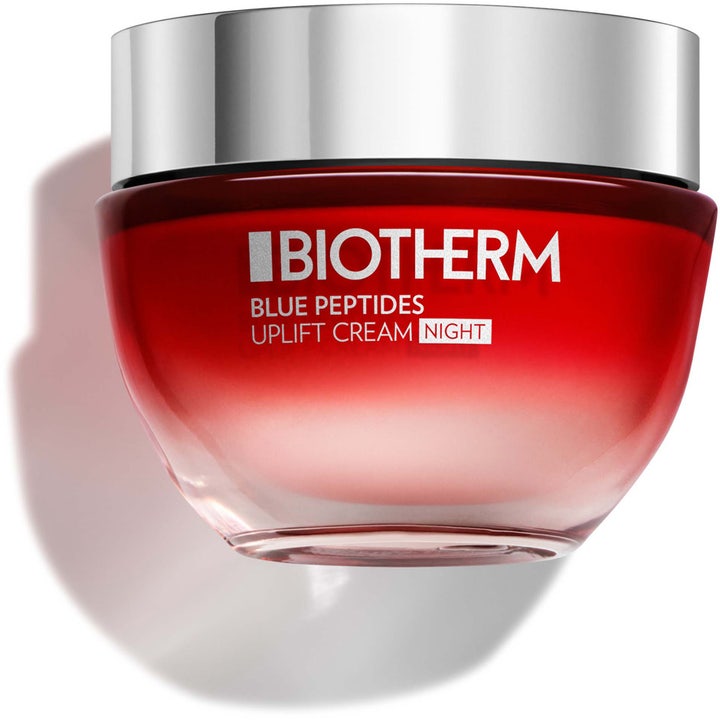 Biotherm Blue Peptides Uplift Cream Night oppstrammende nattkrem i rød glasskrukke med sølvfarget lokk