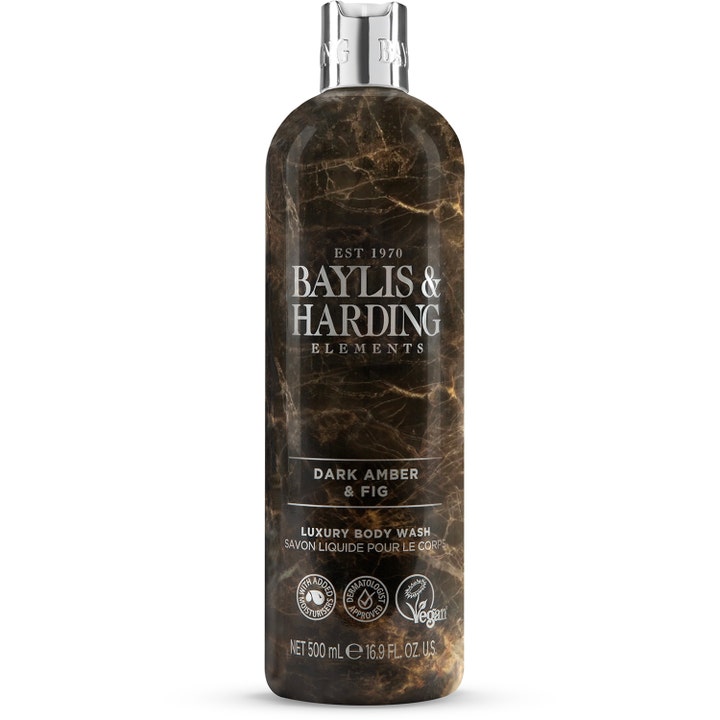 Baylis & Harding Elements Dark Amber & Fig 500 ml fuktighetsgivende dusjsåpe i mørk marmormønstret flaske med sølvkork