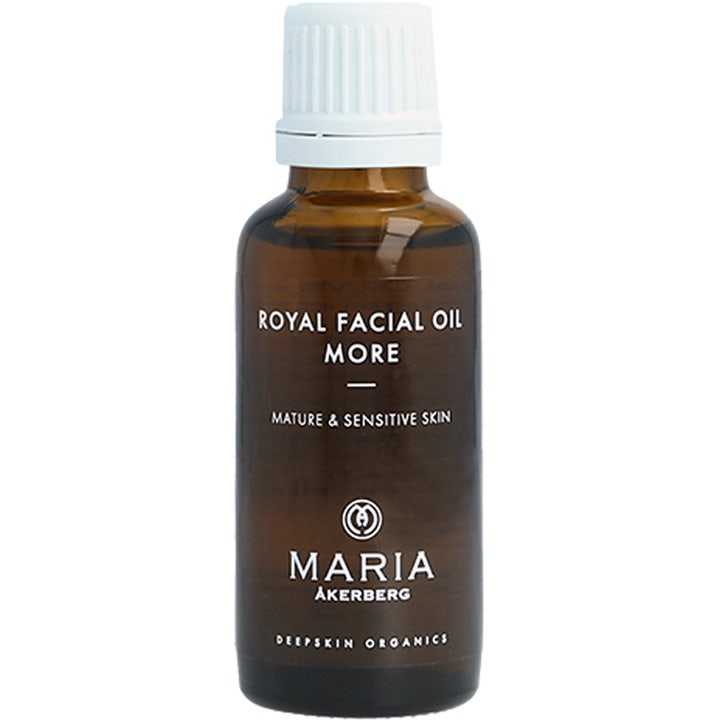 Maria Åkerberg Royal Facial Oil More 30 ml ansiktsolje for moden hud i brun glassflaske med hvit skrukork.