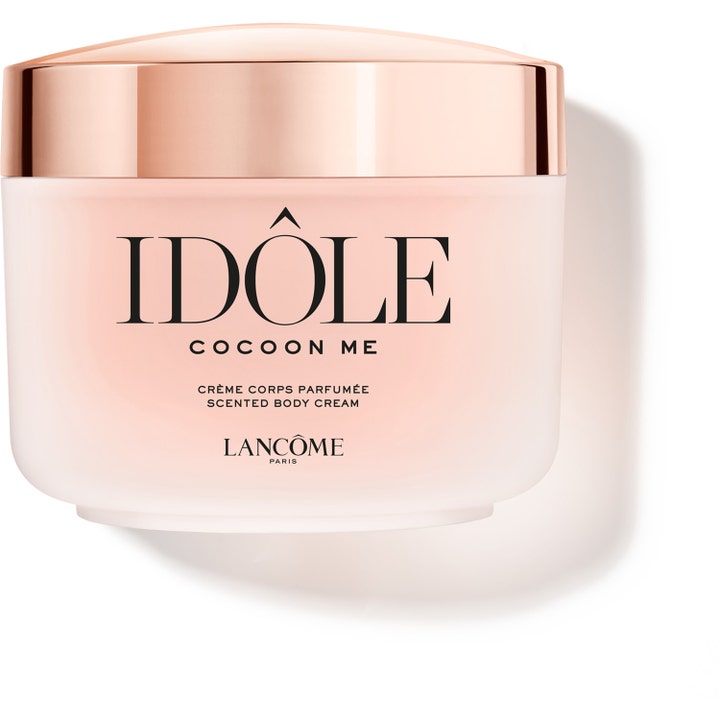Lancôme Idôle Cocoon Me parfymert kroppskrem som gir pleie i en lys rosa krukke med skinnende rosegullfarget lokk
