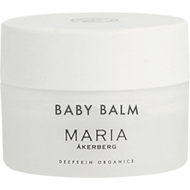 Maria Åkerberg Baby Balm beskyttende salve i hvit krukke med hvitt lokk og minimalistisk sort tekst
