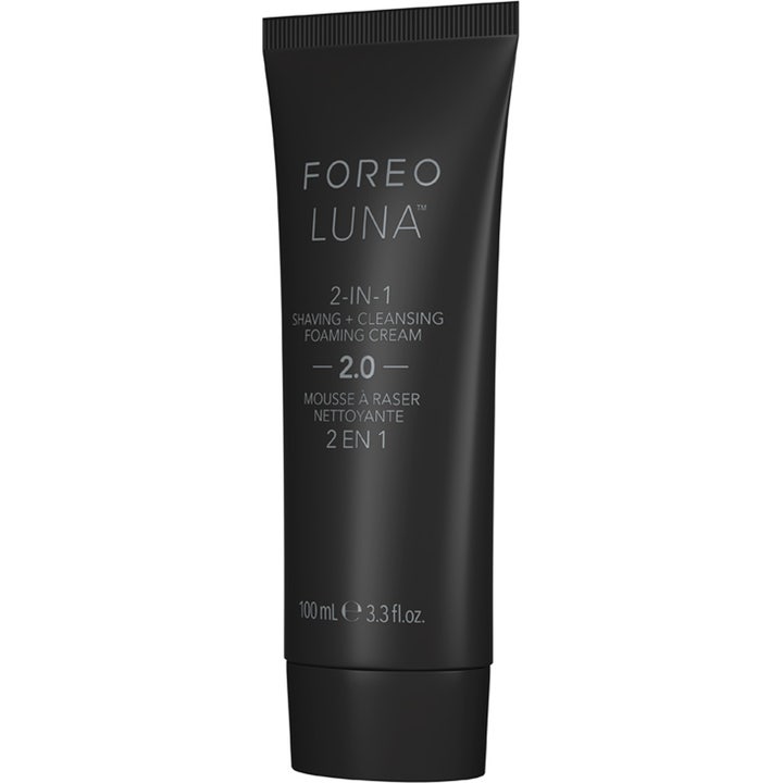 FOREO LUNA 2-in-1 Shaving + Cleansing Foaming Cream 2.0 100 ml skummende ansiktsrens og barberkrem i en matt svart tube.