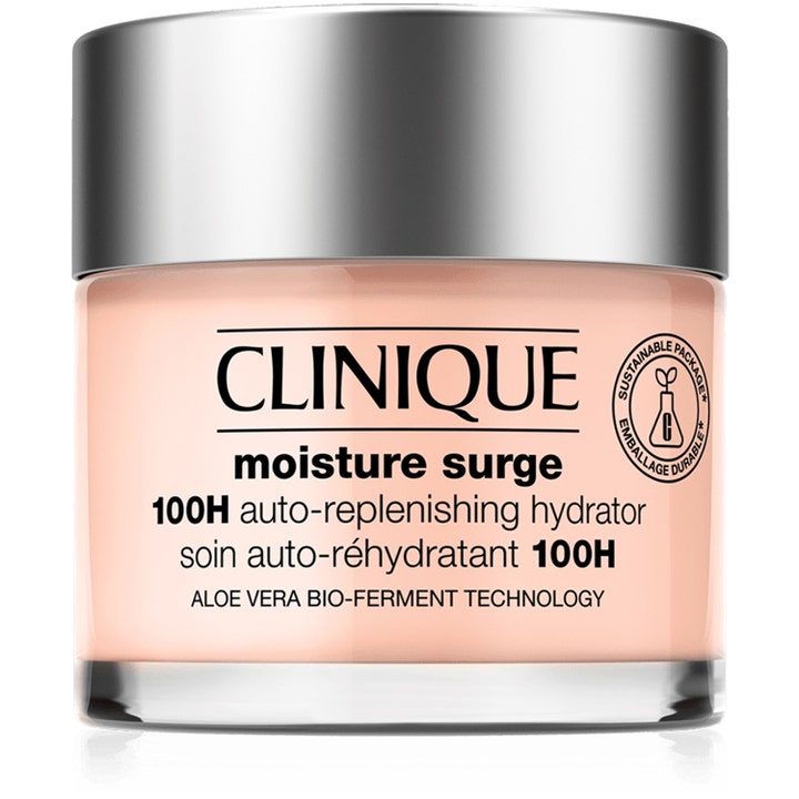 Clinique Moisture Surge 100H fuktighetskrem gir intens fuktighet i en glasskrukke med ferskenfarget gel og sølvlokk.